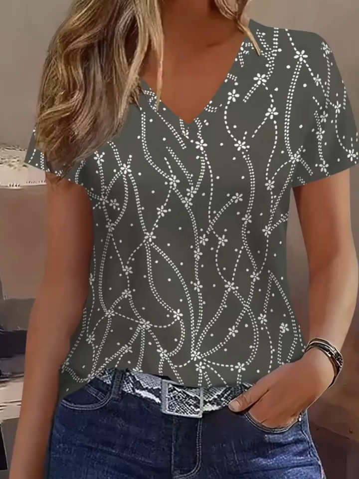 2D Printed Elegant and Stylish Casual Vacation Abstract Painting Lines, Dots, Polka Dots, Flowers, Floral, Stripes, Graphic All-Over Print Breathable Women's V-Neck Short Sleeve T-Shirt, Casual Shirt, New Women's Short Sleeve Top