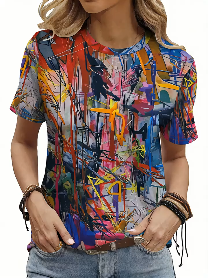2D Print Casual Fashion Vacation Abstract Painting Tie-Dye Color Block Patchwork Graffiti Contrast Line Graphic Full Print Breathable Crew Neck Short Sleeve T-Shirt, Casual Shirt, Summer New Women's Short Sleeve Top