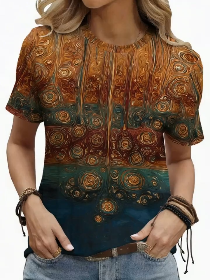 2D Print Novelty Elegant Fashionable Simple Vacation Tie-Dye Tree of Life Plant Trees Stripes Color Block Patchwork Graphic All-Over Print Breathable Crew Neck Short Sleeve T-Shirt Casual Fashion Short Sleeve Women's Shirt New Summer Women's Short