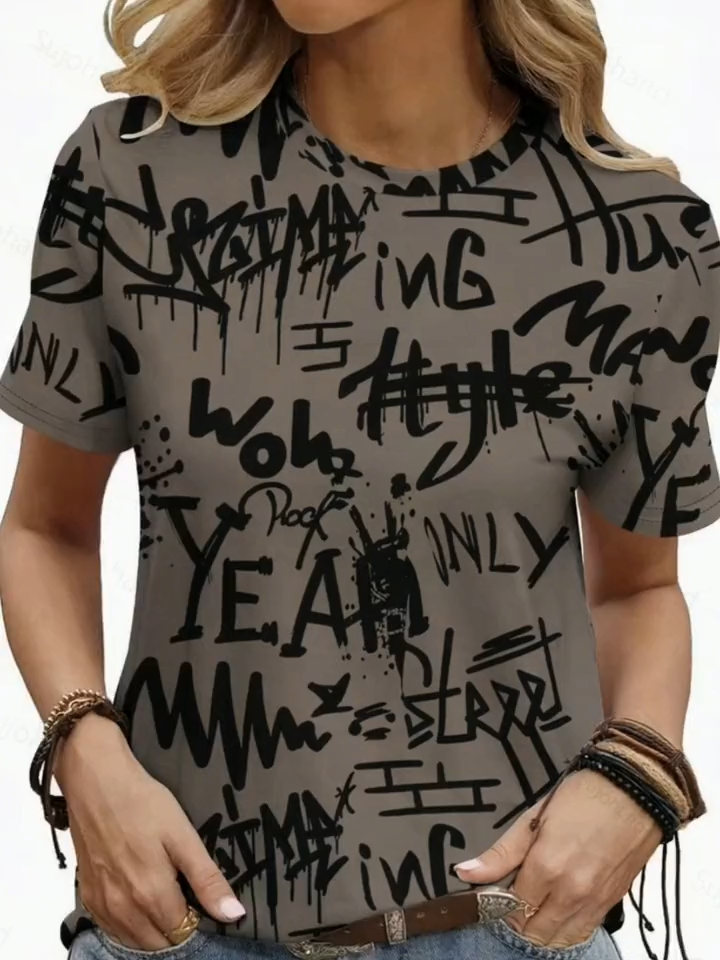 2D Printed Fashion Casual Elegant Vacation Abstract Painting Street Graffiti Letter Slogan Graphic All-Over Print Breathable Round Neck Short Sleeve T-Shirt, Casual Fashion Short Sleeve Women'S Shirt, Summer New Women'S Short Sleeve Top