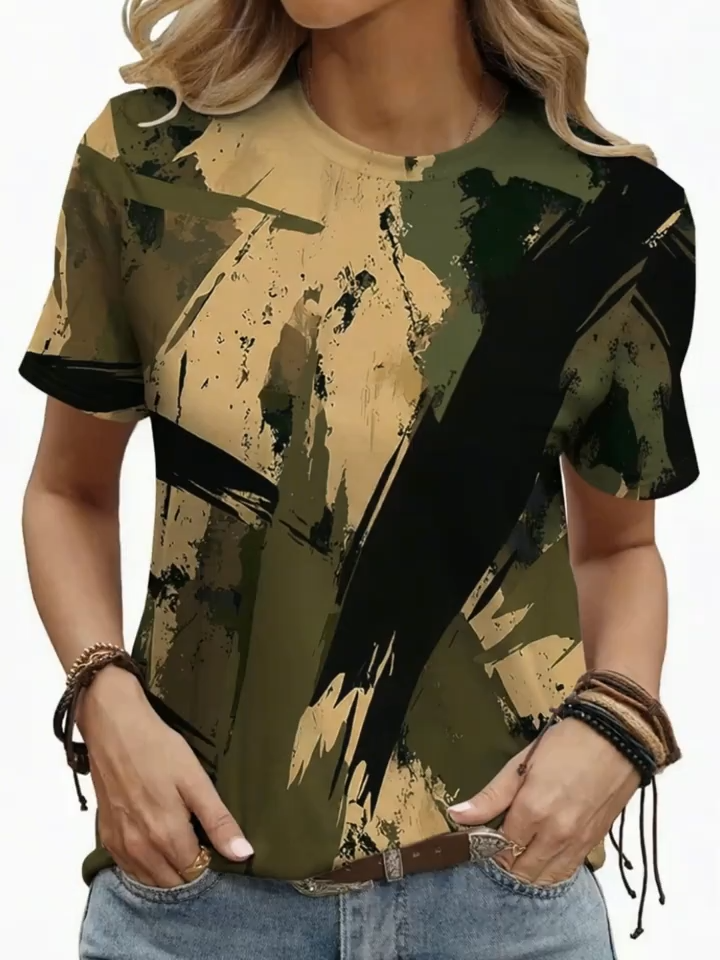 2D Print Simple Elegant Fashion Vacation Abstract Painting Camouflage Color Block Patchwork Graphic Full-Body Print Breathable Round Neck Short Sleeve T-Shirt Casual Fashion Short Sleeve Women's S Shirt Summer New Women's Short Sleeve Top