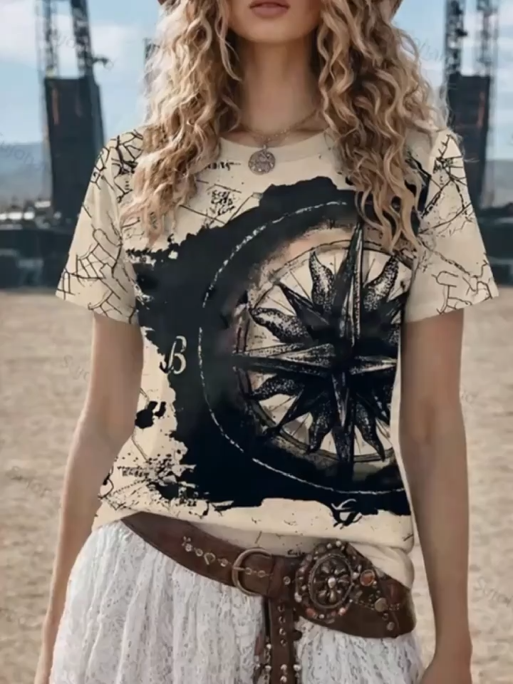 Directional 2D Printed Vintage Elegant Fashion Vacation Abstract Painting Tie-Dye Nautical Graffiti Compass Directional Graphic Full Print Breathable Round Neck Short Sleeve T-Shirt Casual Fashion Short Sleeve Women'S Shirt New Women'S Clothing Shor