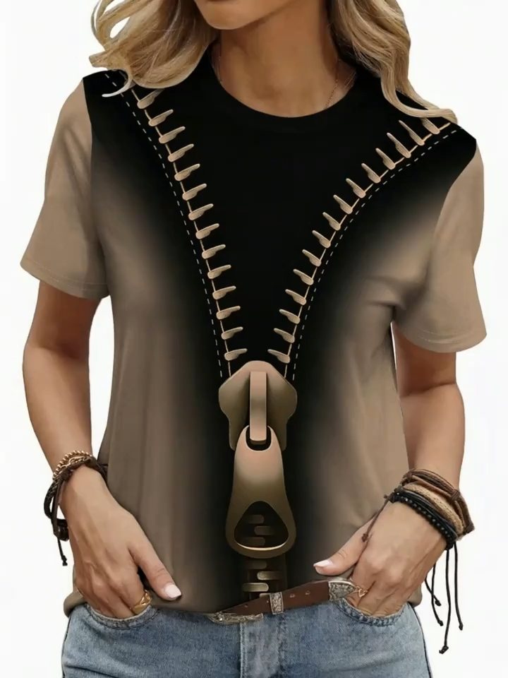 2D Print Fashion Elegant Vacation Abstract Painting Gradient Zipper Color Block Graphic Full Print Breathable Round Neck Short Sleeve T-Shirt, Casual Fashion Women's Short Sleeve S Shirt, New Women's Short Sleeve Outerwear Top