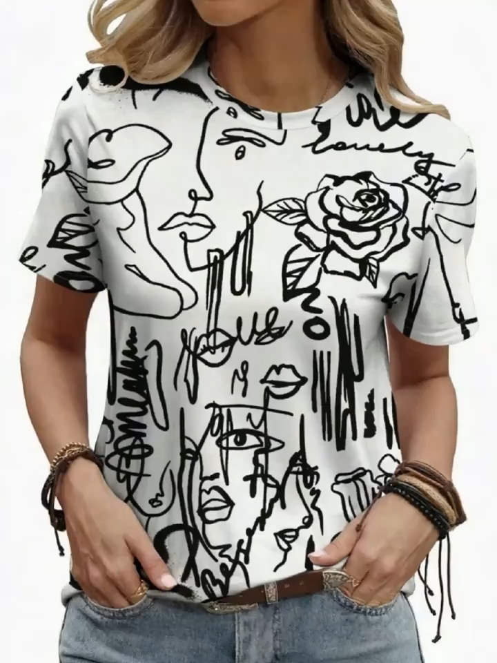 Directional 2D Printed Casual Fashion Elegant Vacation Abstract Painting Cartoon Graffiti Portrait Floral Flower Graphic Full Print Breathable Round Neck Short Sleeve T-Shirt Casual Fashion Short Sleeve Women'S Shirt New Women'S Clothing Short Sleev