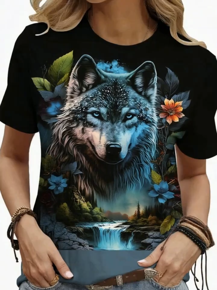 2D Printed Fashionable and Elegant Casual Vacation Abstract Painting Gradient Animal Gray Wolf Flower Plant Floral Leaf Landscape Graphic All-Over Print Breathable Crew Neck Short Sleeve T-Shirt, Casual and Stylish Short Sleeve Women's Shirt
