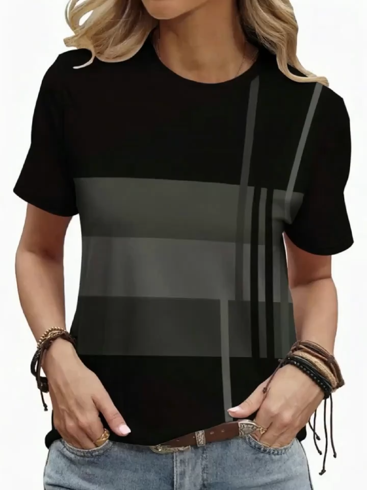 2D Printed Fashionable Elegant Vacation Abstract Painting Contrast Striped Geometric Color Block Patchwork Graphic All-Over Print Breathable Round Neck Short Sleeve T-Shirt | Casual Fashion Women's Short Sleeve Shirt