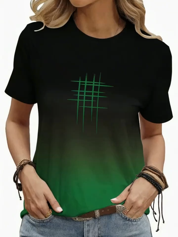2D Printed, Minimalist Casual Fashion Elegant Vacation Abstract Painting Gradient Geometric Checkered Novelty Pattern All-Over Breathable Round Neck Short Sleeve T-Shirt, Casual Stylish Short Sleeve Women'S Shirt, New Summer Women'S Short Sleeve Top