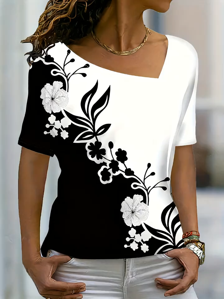 Women's Floral Print Short Sleeve Weekend V-Neck Regular Fit Elegant Casual Top